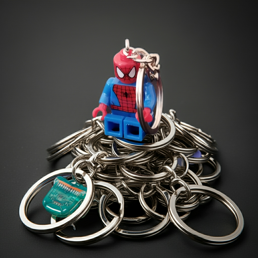 Llavero superhéroe rojo y azul estilo bloque