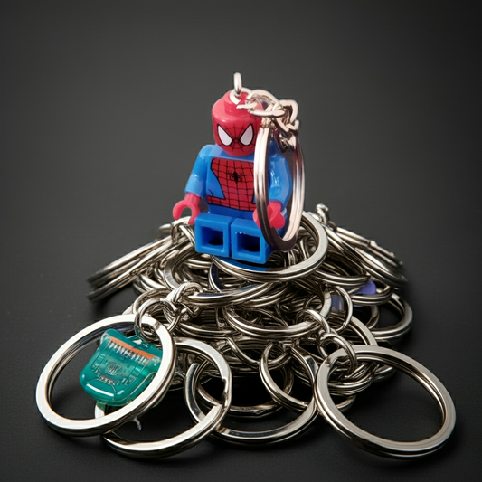 Llavero superhéroe rojo y azul estilo bloque